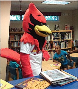 Rockey the Redbird at Woolfolk Library